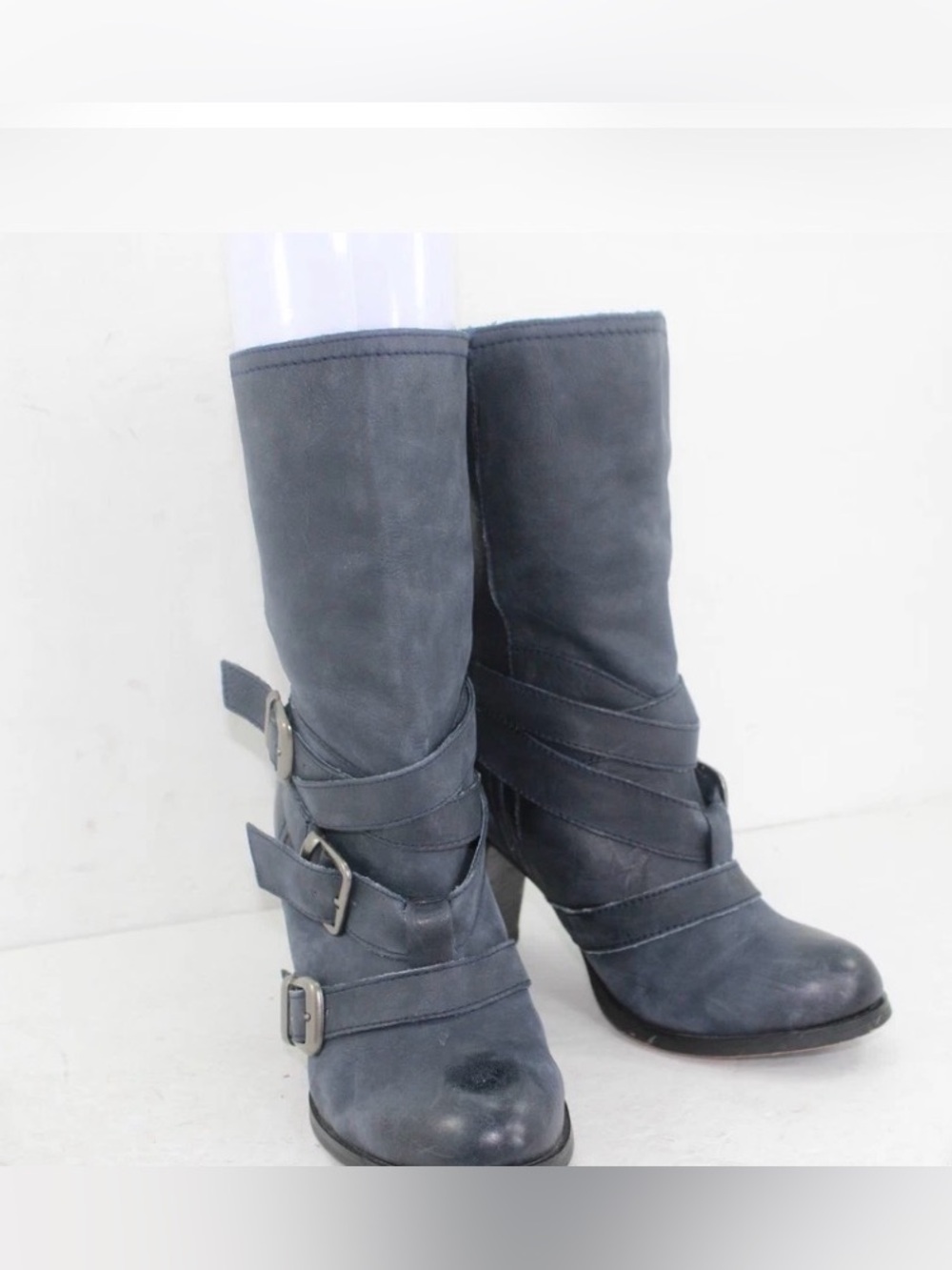 Steve Madden Freeway Dark Gray Mid-Calf Buckle Heeled Boots 8.5 winter fall